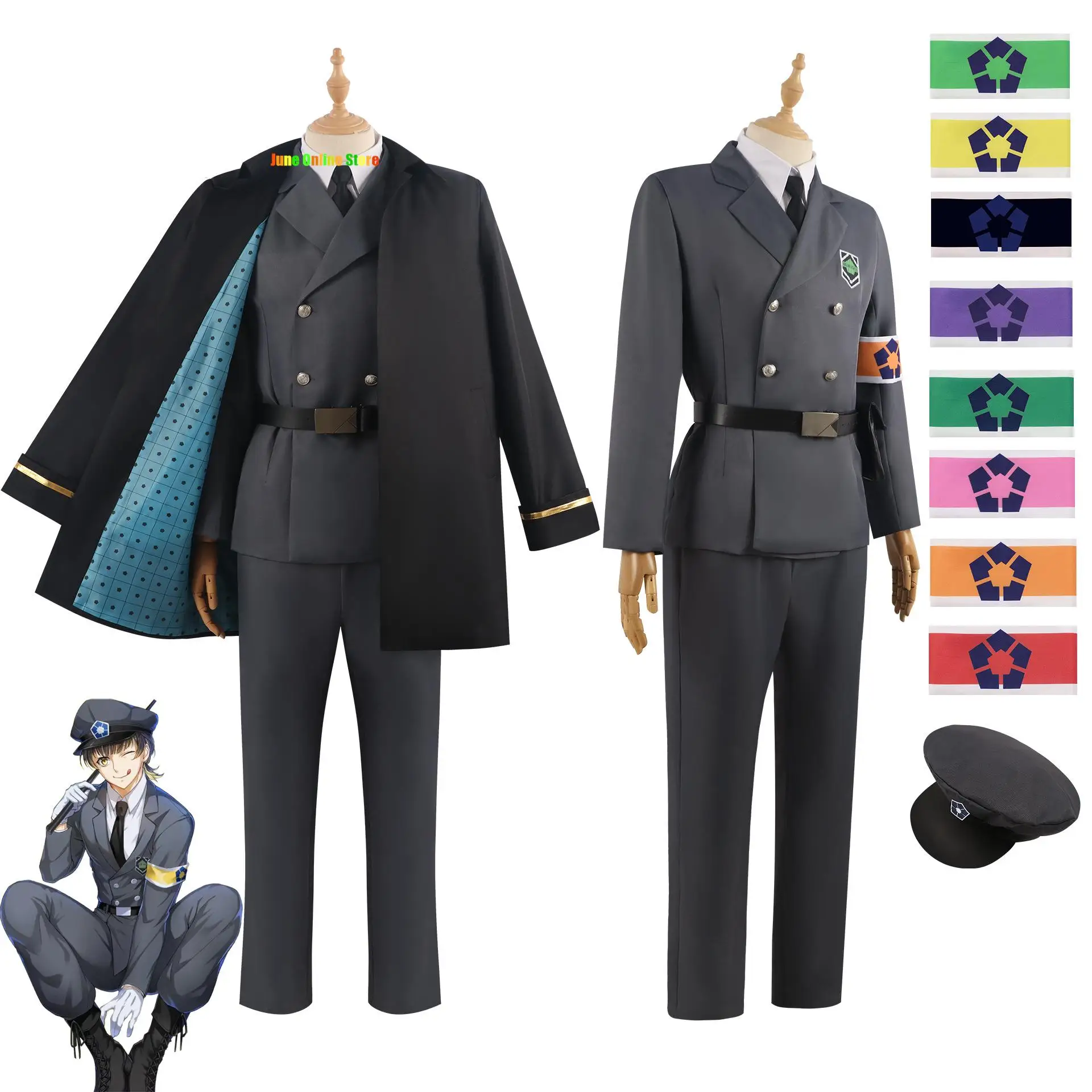 Azul bloqueio guarda uniforme yo hiori sae itoshi shoei baro cosplay traje capa boné braçadeira cinza uniforme militar peruca chapéu gravata cinto