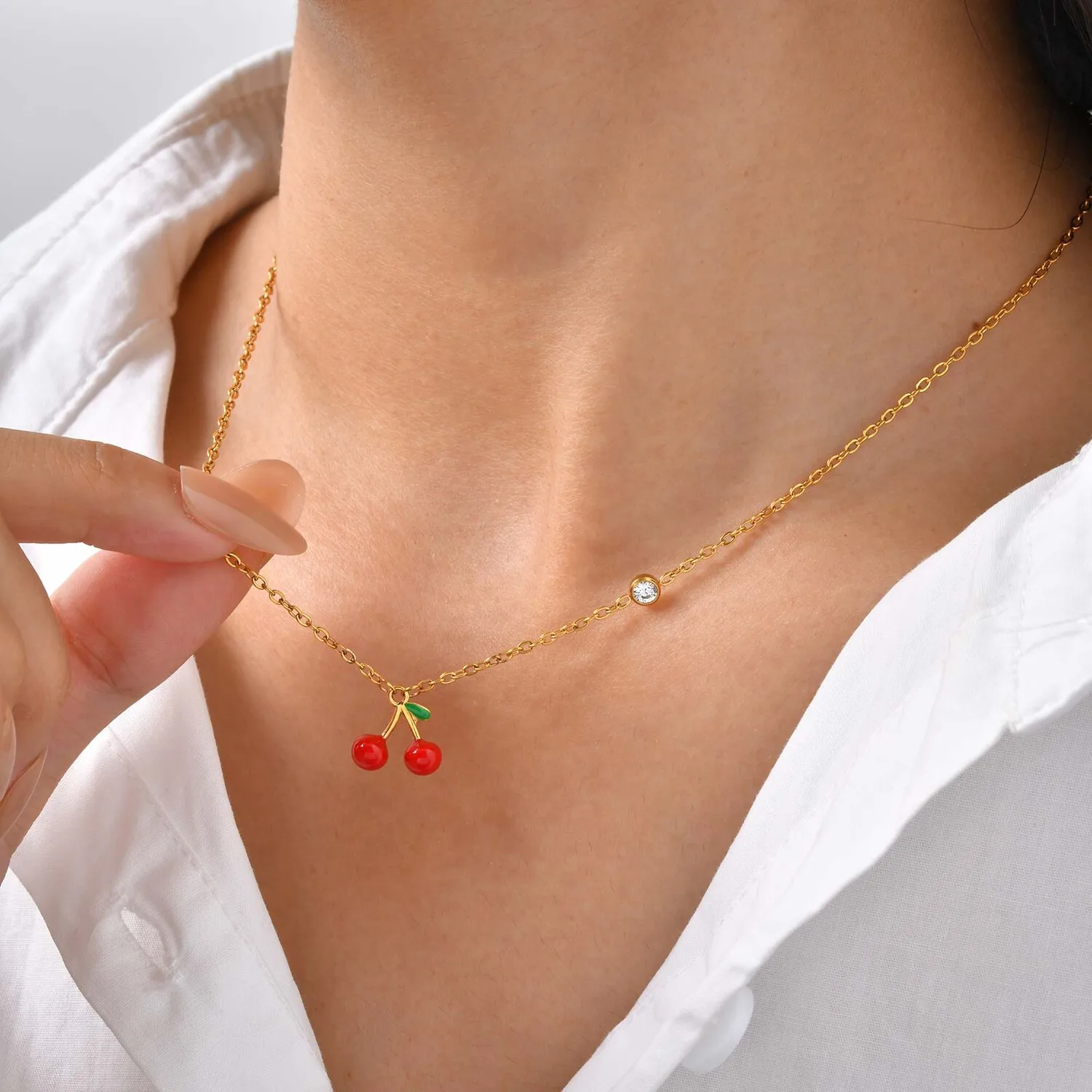 Cucbic Zirconia Sideway Cherry Pendant Necklace for Women, Statement Cute Fruits Necklace, Stainless Steel Free Nickel