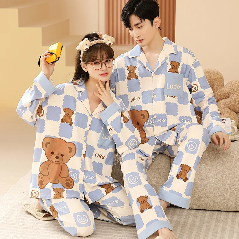 

Korean Fashion Cardigan Sleepwear Couples Autumn Home Clothes Women Cartoon Sweet Pajama Set Men Loungewear pijama feminino