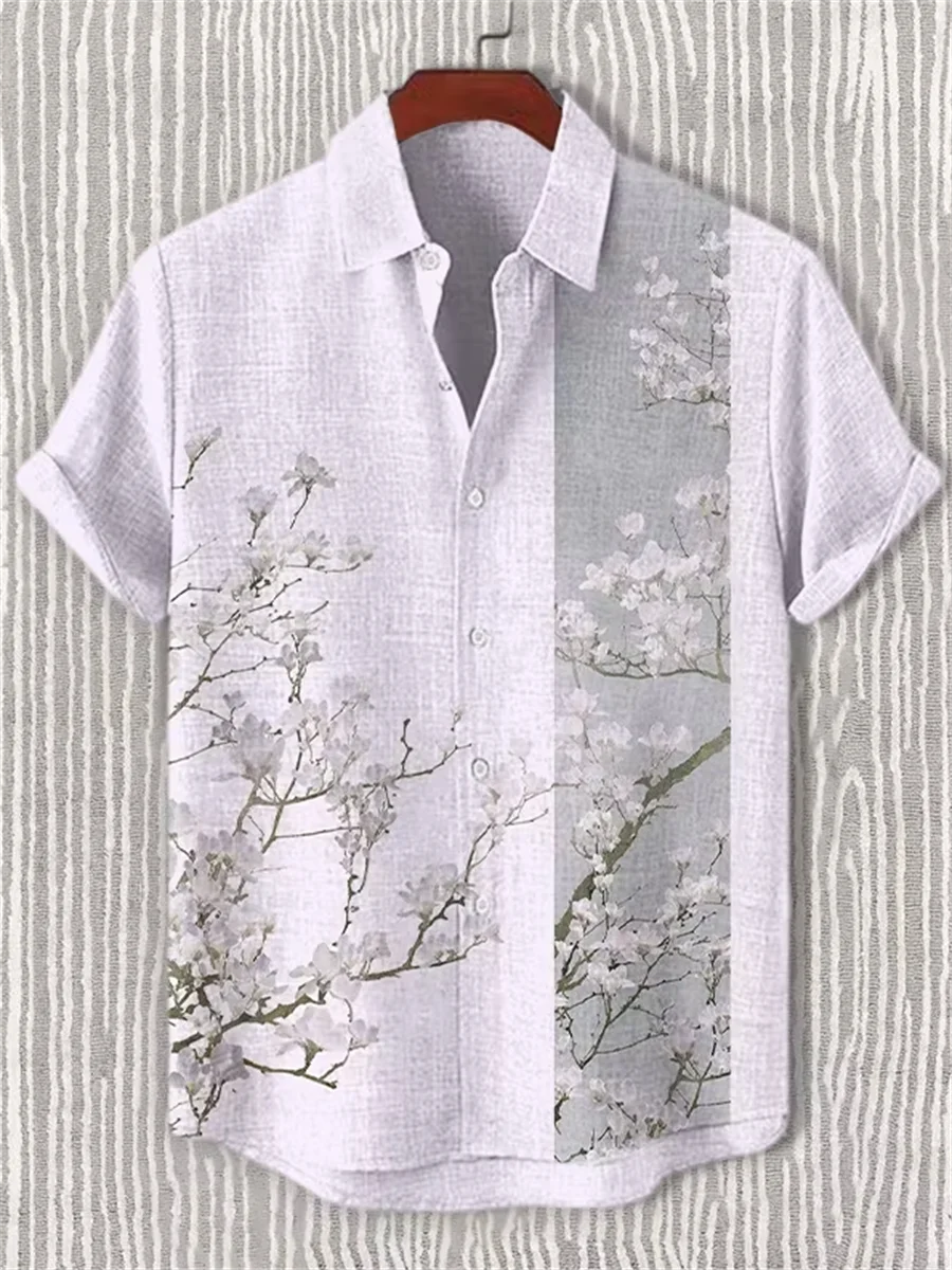 Men's Imitation Linen Fabric Short Sleeved Shirt, Button Design, Digital Printing, Casual And Comfortable, Fashionable Dressing