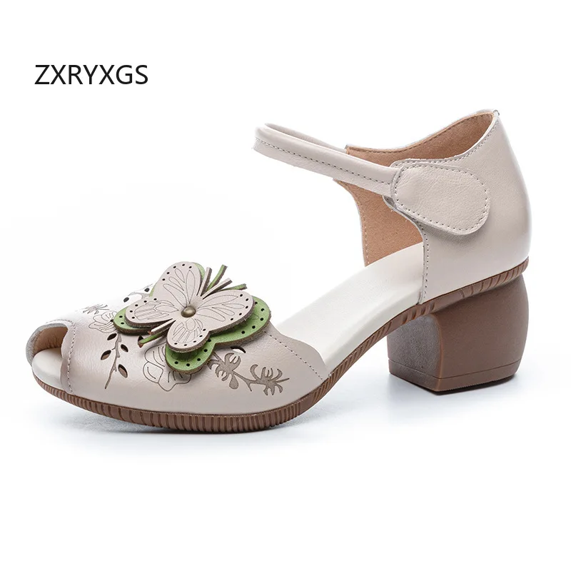 ZXRYXGS Top Cowhide Printing Flowers Sandals Mid Heels Summer Spell Colors Fish Mouth Shoes Ladies' Fashion Sandals Sandals 2026