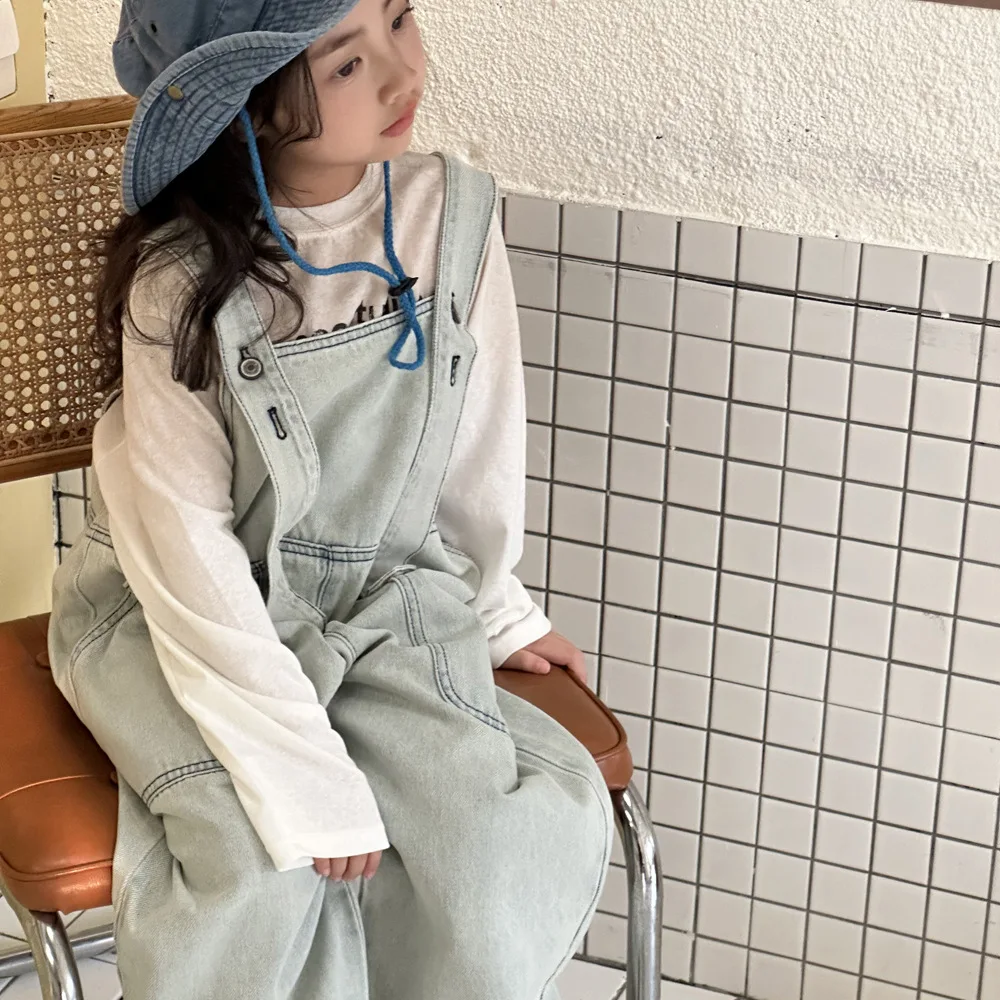 Girls Cowboy Overpants Spring Dress Korean Style Children Wide-leg Pants Spring and Autumn Large Pockets Loose Pants