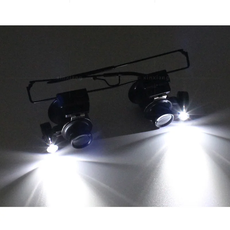 LED Light Dual Lens 20x Watch Repair Inspection Metal Eyeglass Frame Head-Mounted Stamp Collecting Jewelry Magnifier