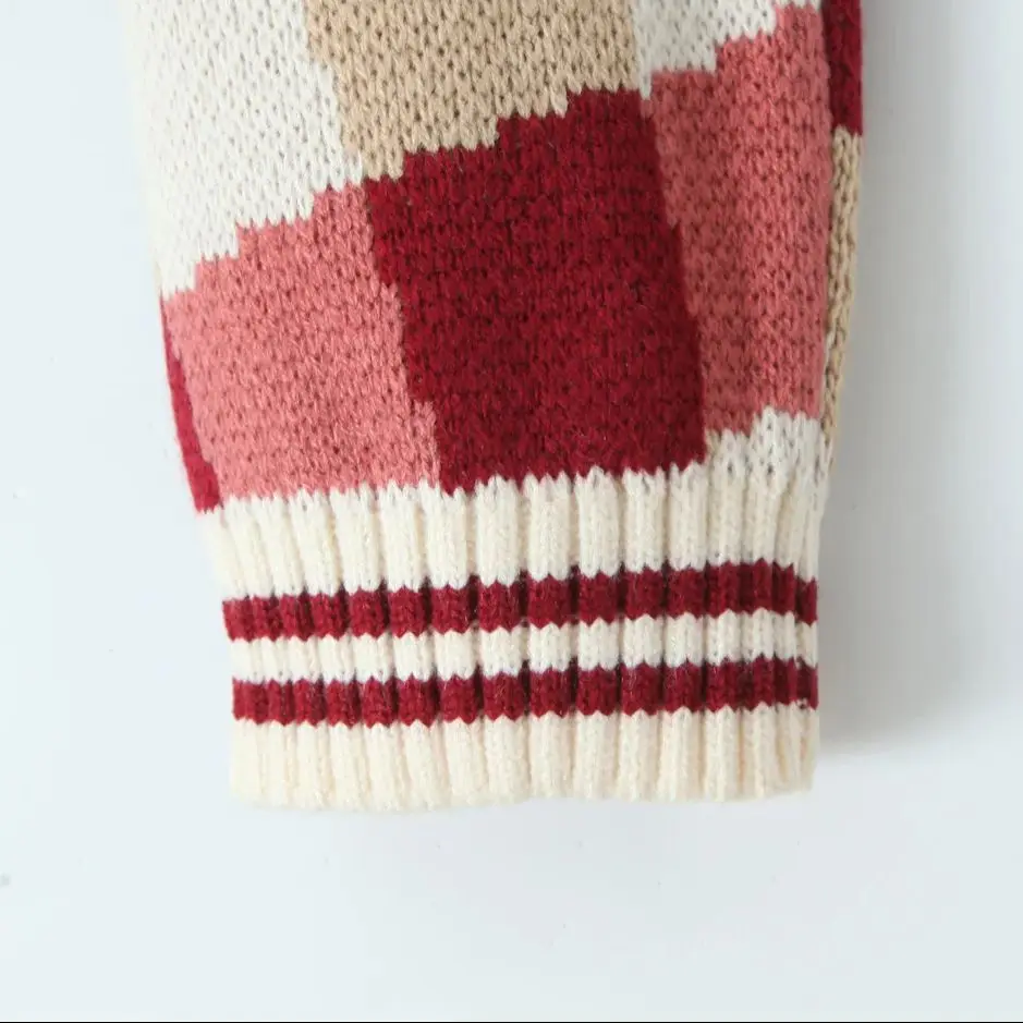 2025 Zoet Fruit Geruite Knoop Door Pointelle Gebreid Vest Trui Vrouw Revers Jacquard Trui Met Volledige Mouw Cropped Truien