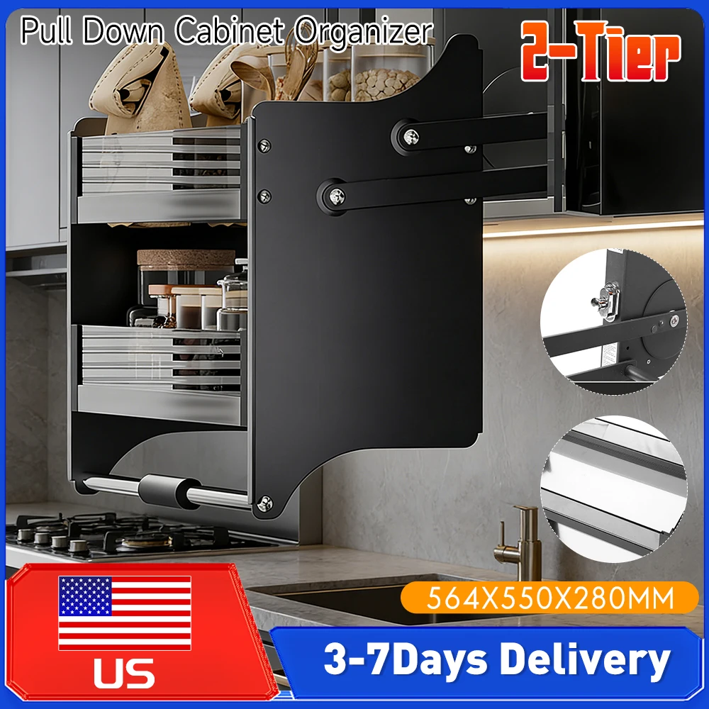 

2-Tier Pull Down Cabinet Organizer Aluminum Alloy 22.2 Inch Efficient Kitchen Organizer Large Storage Space 15kg