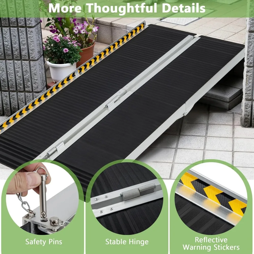 Portable Wheelchair Ramp 6 FT,Folding Handicap Ramp w/Transition Plate & Non-Slip Surface, Reflective Warning Stickers