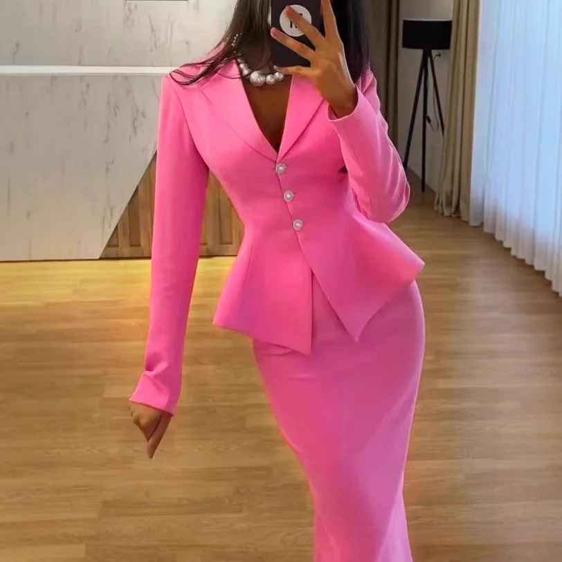 2 Piece Sets Women Outfits Pink Peplum Blazer Fitted Skirt Set with Button Detail Perfect for Office Meetings or Business Events view 2