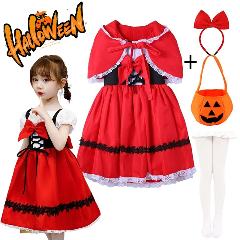 Little Girls Fairy‑Tale Red‑Hood‑Style Lace‑Dress Kit for Kids Halloween Carnival Birthday‑Party  Fancy‑Dress Cosplay