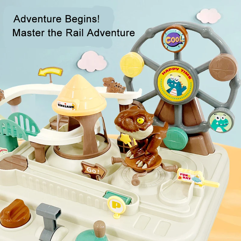 Dinosaur Adventure Track Toy with 5 Obstacles & Ferris Wheel, Mechanical Interactive Desktop Game Kids Boys Birthday Gift