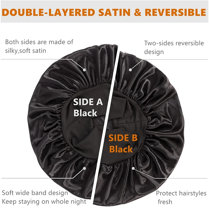 2PCS New Double Layered Satin Solid Bonnets Wide-brimmed Night Sleeping Bathing Hat Head Wrap Elastic Band Cap Multi Purpose Hat
