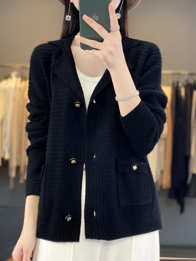 100% Merino Wool Women Sweater Turn-down Collar Cardigan Spring Autumn Soft Cashmere Knitted Coat Office Lady Grace Clothing