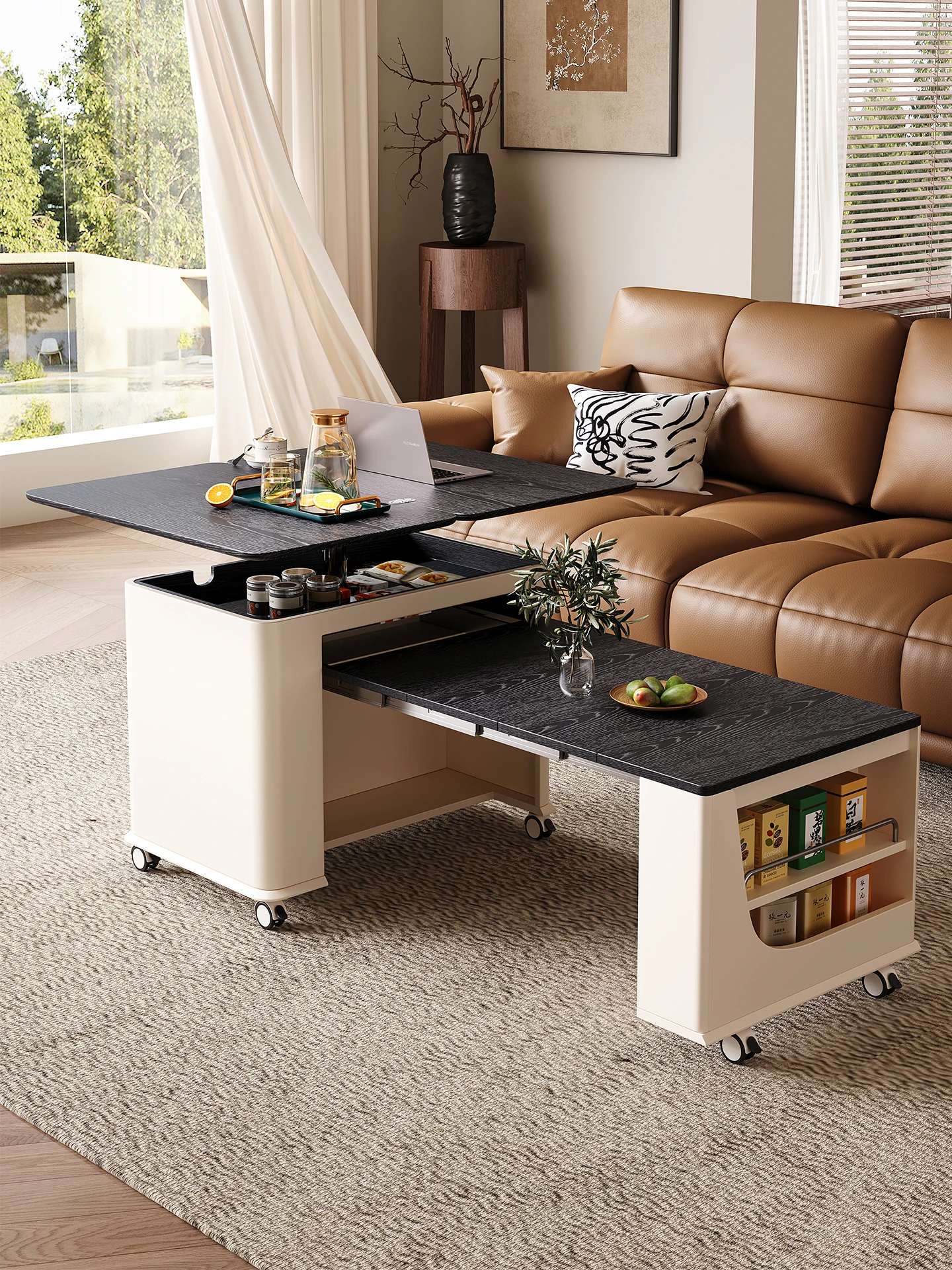 

Movable side few solid wood household small apartment living room walnut color multi-functional lifting folding sofa coffee tabl
