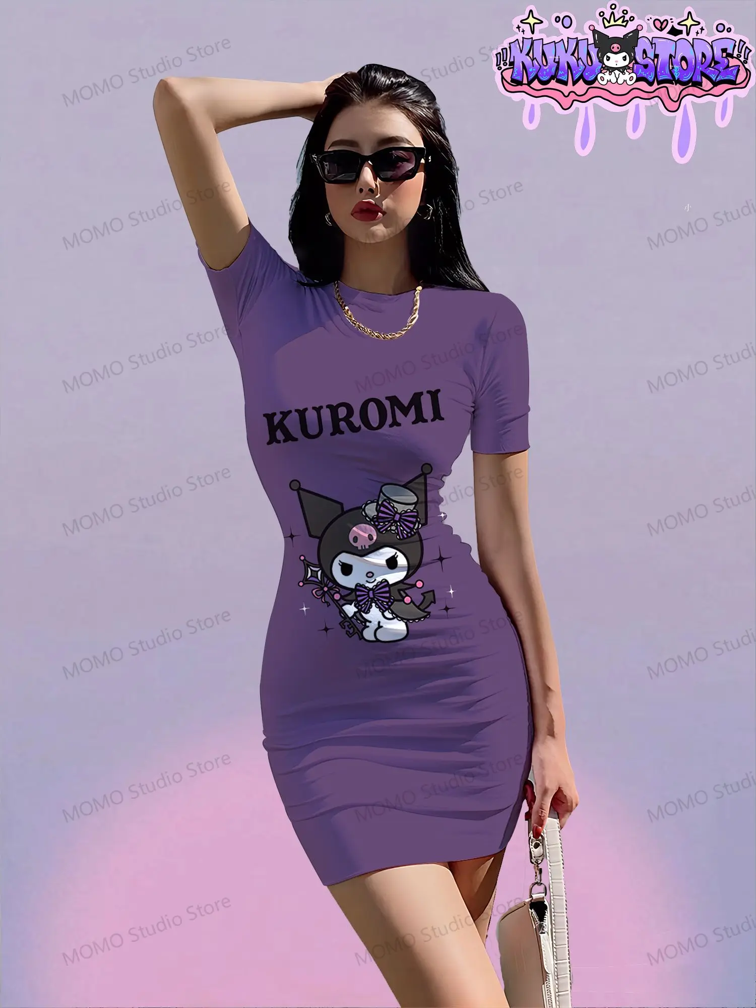 Kawaii Women\'s Short Sleeve Hip Dress Kuromi Summer Young Girls Dresses 2024 O Neck Y2k Sanrio S-3XL Fashion New Elegant Sexy