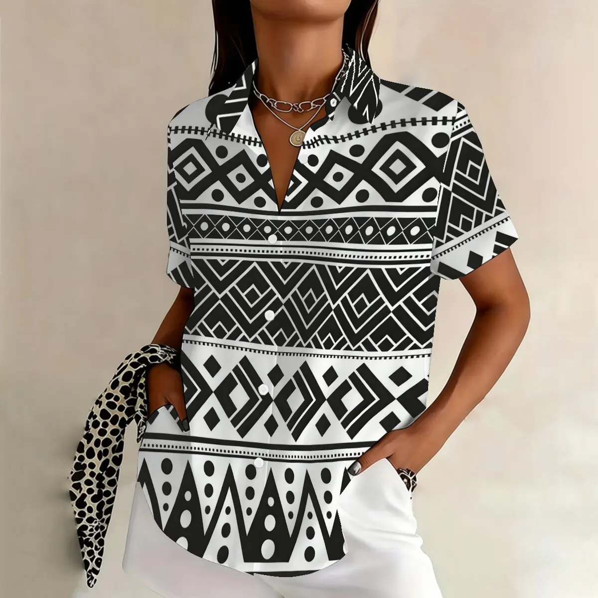 

Fashion plus-size women's short-sleeve shirt, Fair Isle style,vintage texture,suitable for workplace,social and casual occasions