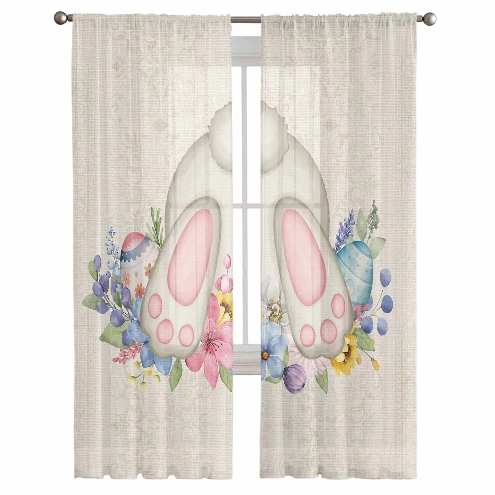 Easter Eggs Bunny Tail Spring Flowers Voile Curtains for Bedroom Window Tulle Curtain for Living Room Sheer Blinds Drapes