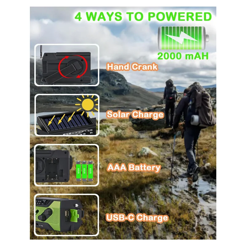 

-BOFF 2X Emergency Weather Radio Hand Crank Portable Solar Charging With AM/FM/NOAA LED Flashlight SOS Alert 2000Mah