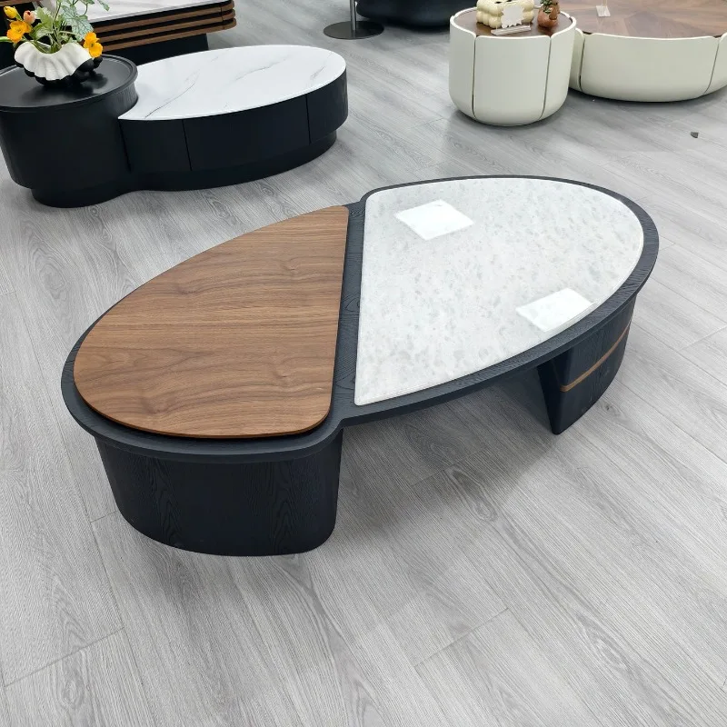 Modern simple oval coffee table lifting solid wood antique coffee table special-shaped living room small apartment