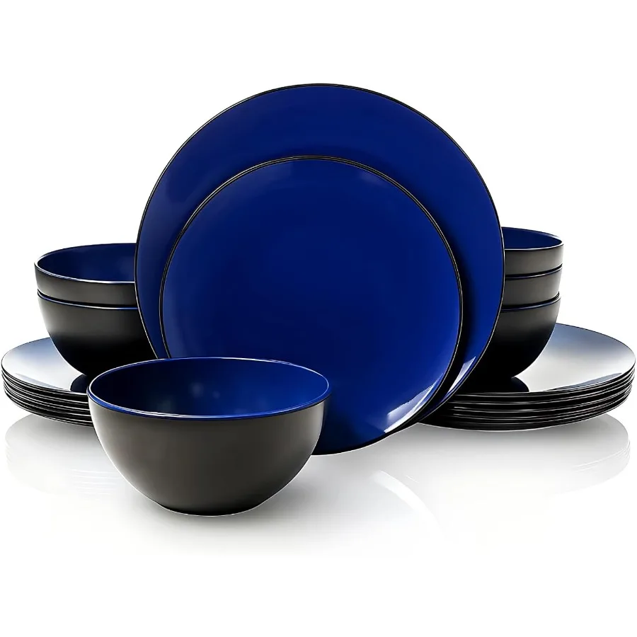 

18Piece Dinnerware Set Dishes Set with Bowls and Plates Service for 6 Nonbreakable Lightweight Dining Tableware Blue and Black