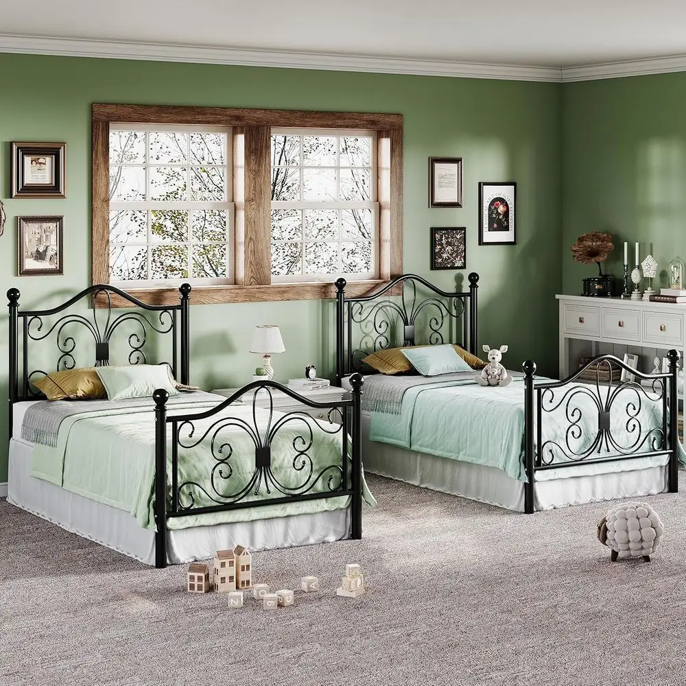 Twin Metal Bed Frame for Kids with Butterfly Design, No Box Spring, Easy Assembly, Black