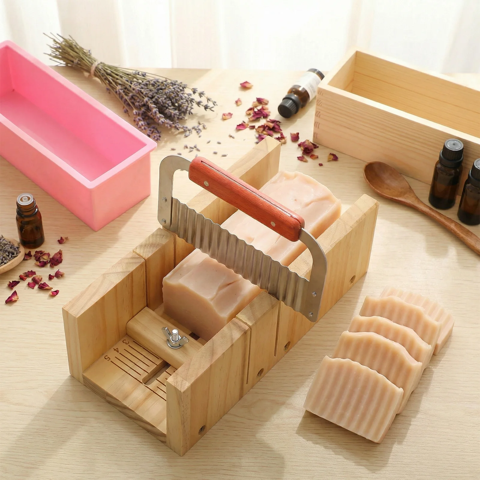 

DIY Handmade Soap Making Kit with 40.58oz Silicone Inner Mold Bamboo Cutting Box Stainless Steel Straight Cutter and Wavy Cutter