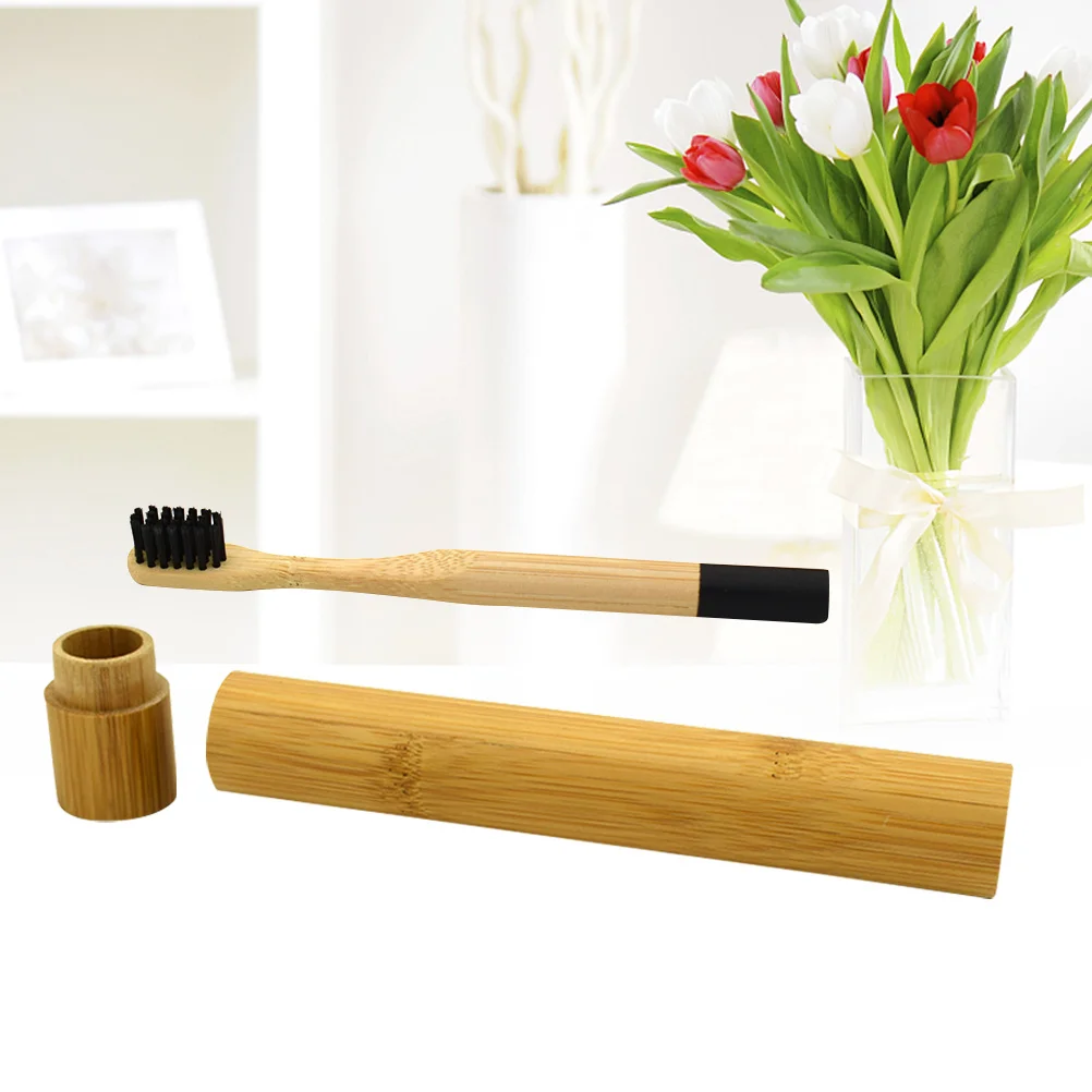 صديقة للبيئة فرشاة أسنان مصنوعة من خشب الخيزران شعيرات ناعمة قابلة للتحلل تصميم مريح أسود خشبي تخزين أنبوب فرشاة أسنان من الخيزران