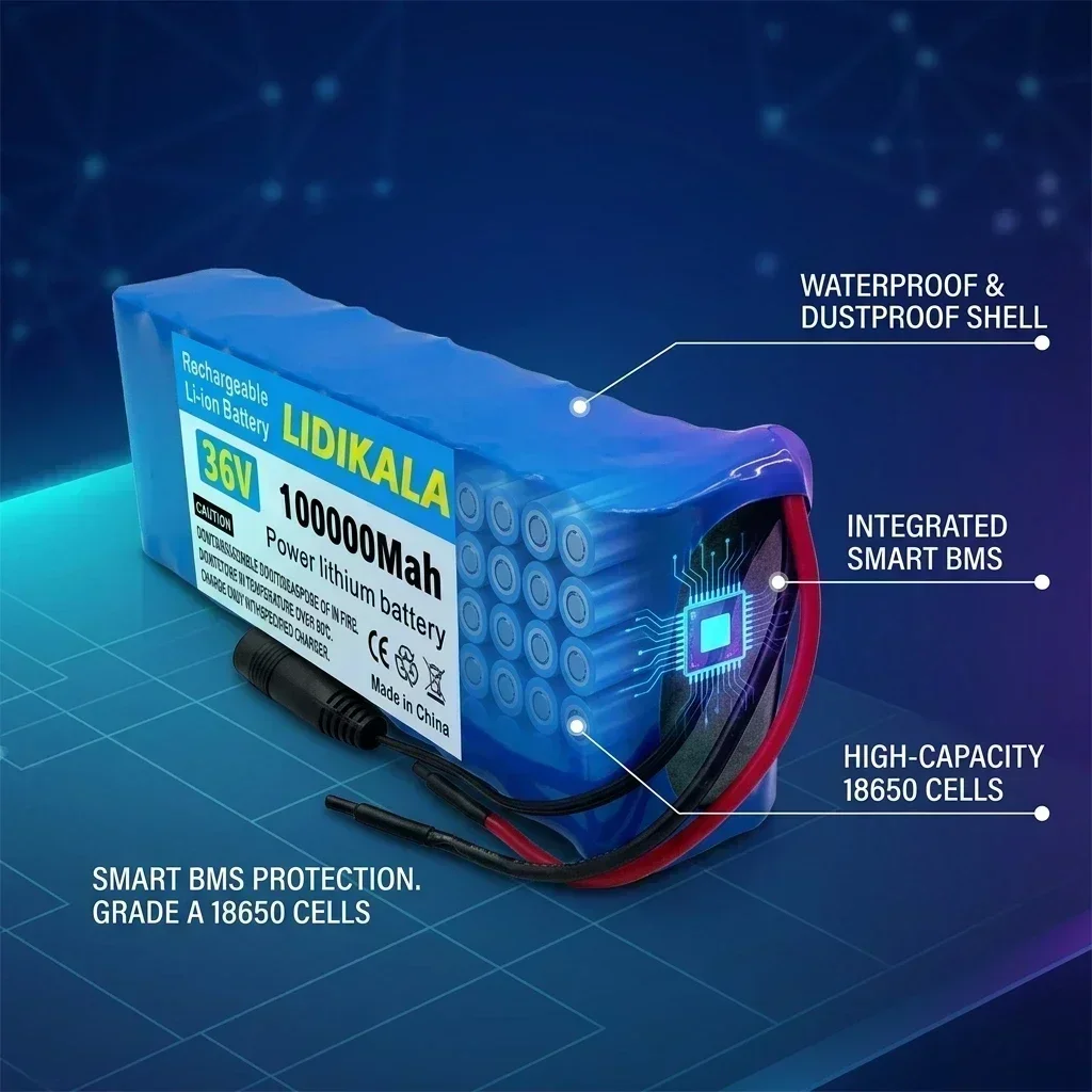 36V 100000mAh Wiederaufladbarer Lithium-Akku für Elektroroller und E-Bikes mit BMS, mehreren Anschlüssen XT60, XT30, T+DC – Detail 3