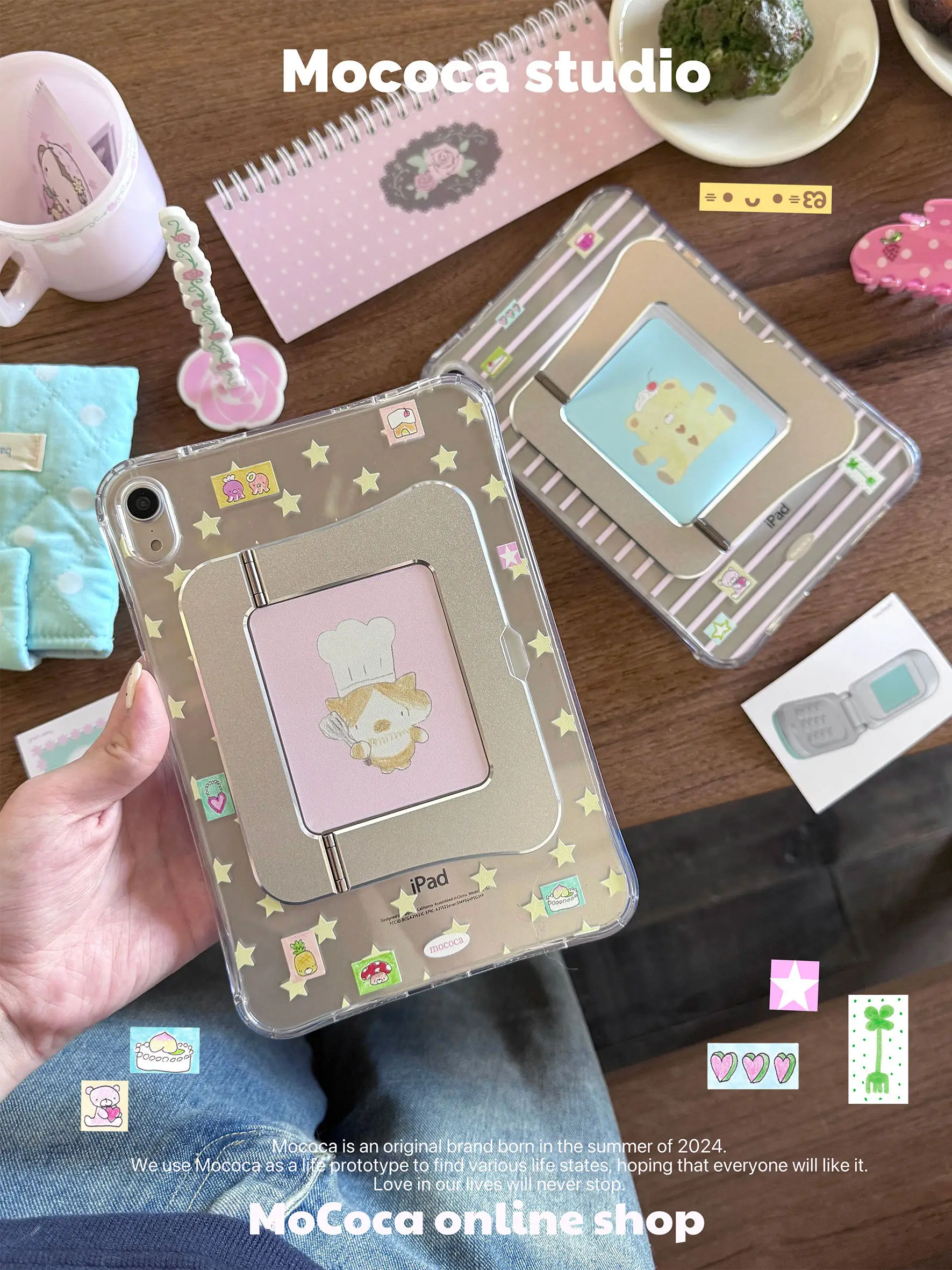 Cartoon Cute Greedy Cat Lucky Bear Tablet Case For iPad Pro 11 13in 2025 iPad Pro 12.9in Air7 10th 11th M4/5 Airbag Pivot Cover