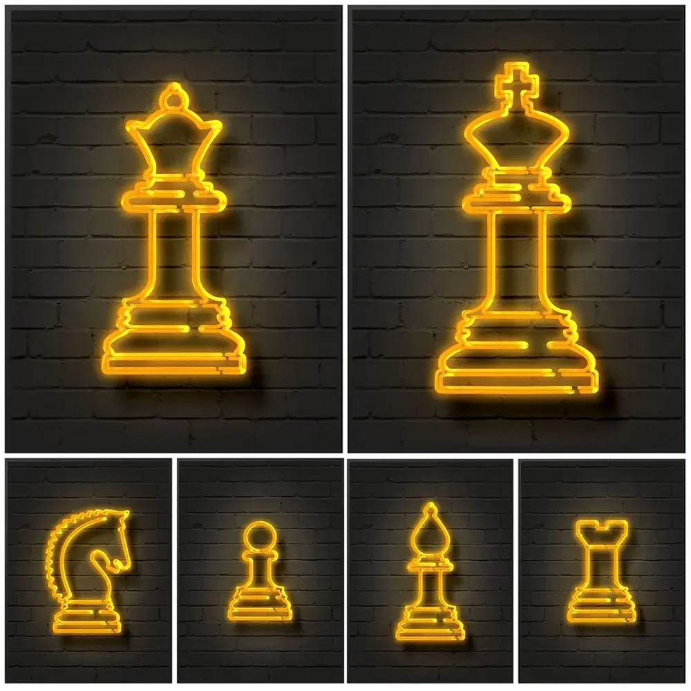 Frameless Canvas Painting 1pc Frameless Neon Golden Chess Piece Abstract Posters Print Bishop Knight King Queen Canvas Wall Art