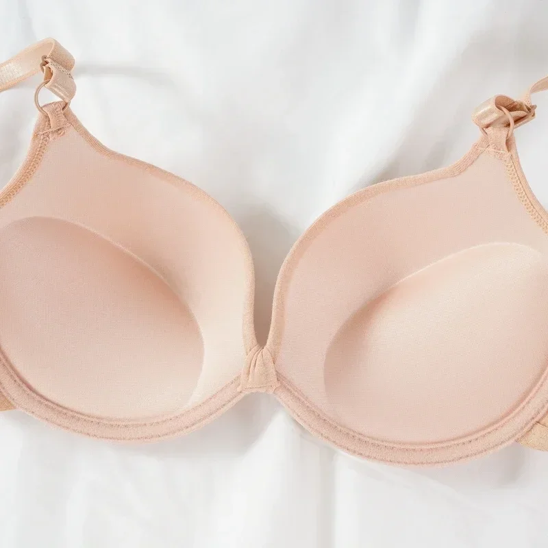 Sexy Push-up-BH mit tiefem V-Ausschnitt, aus Baumwolle, mit gerafftem Stoff, gepolstert, einfarbig, mit offenem Rücken und Bügel, verführerische Damenunterwäsche. – Detail 8