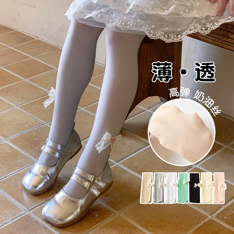 Sweet Cute Girls Thin Mesh Pantyhose Side Lace Heart Bow Trim High Elastic Ventilated Comfortable Footed Tights For Summer Daily
