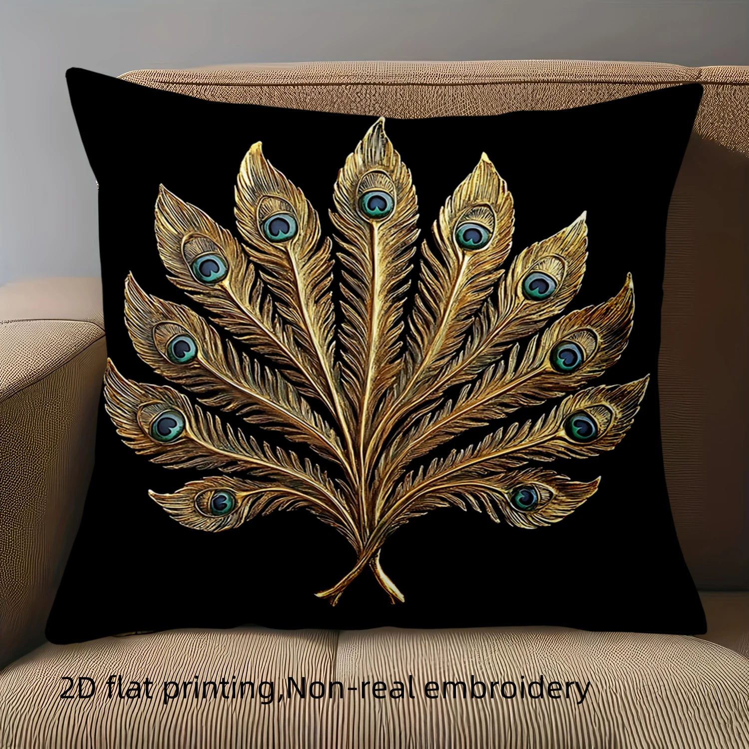 1 Pieces Golden Peacock Feather Printed Black Cushion Polyester pillowcase, sofa decorative cushion cov Headboard Pillow
