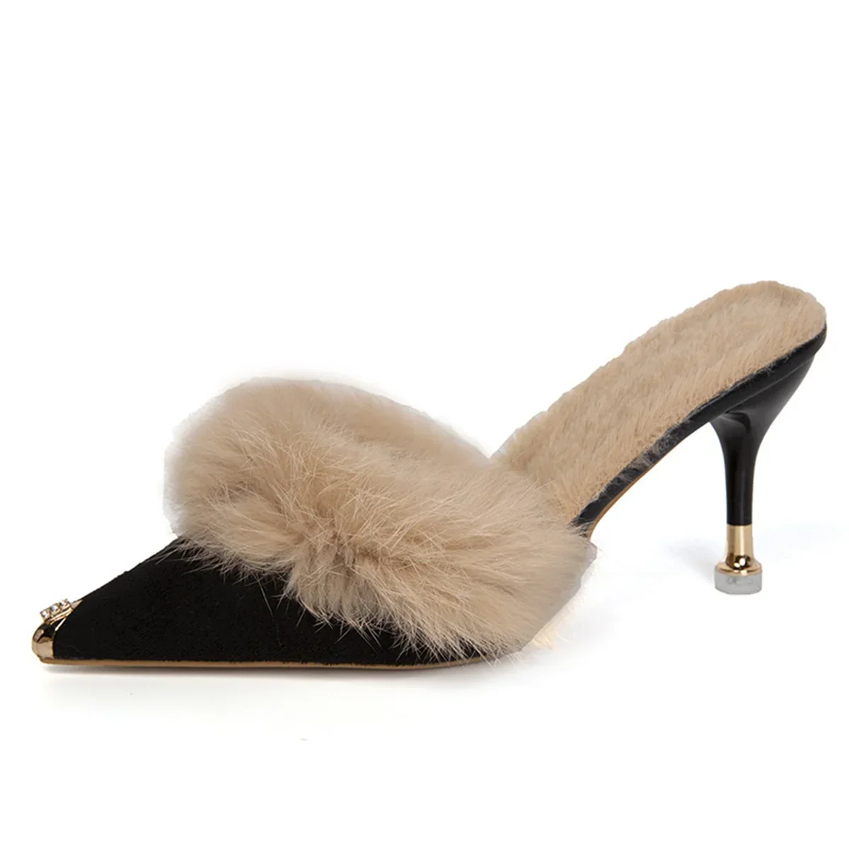 Women High Heel Shoes 2024 Fur Slippers Mules Pointed Toe Furry Slides Fashion Elegant Luxury Designer Flip Flops Office Pumps