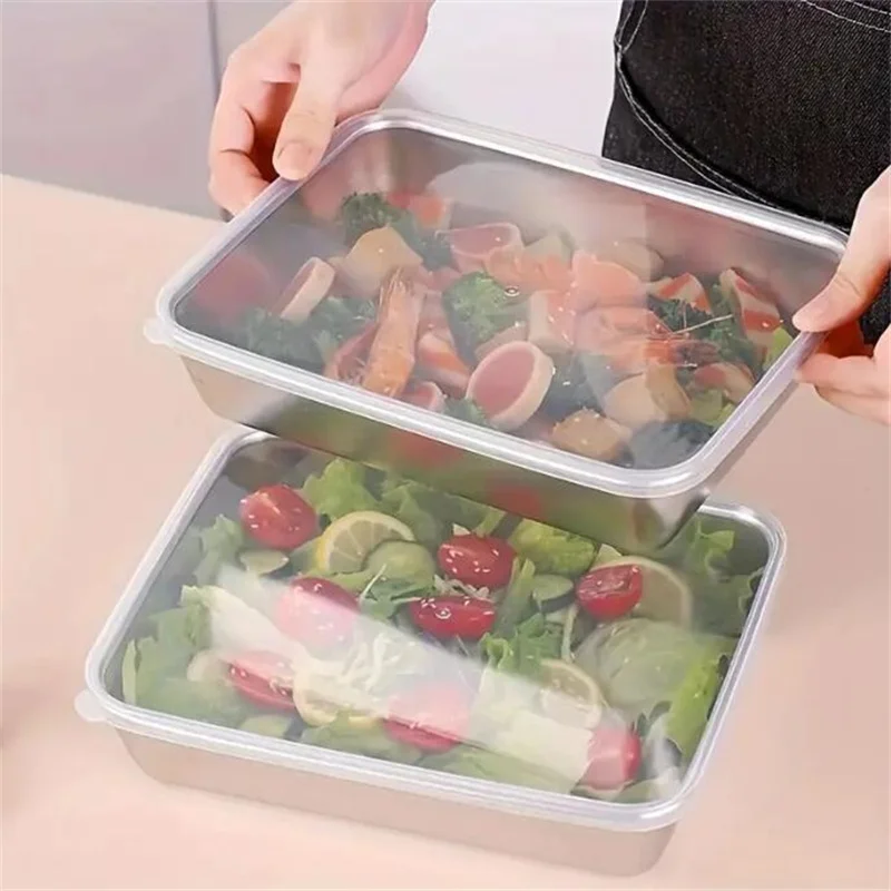 2Pcs Stainless Steel Storage Containers Multi-purpose Fresh-keeping Box with Lids Flat Bottom Thickened Steaming Plate Nonstick