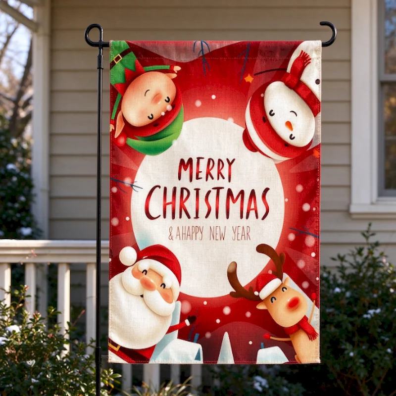 VIKAMA Merry Christmas New Year Garden Flag, Cute Elf Snowman Santa Reindeer Outdoor Yard Hanging Decor, Decor