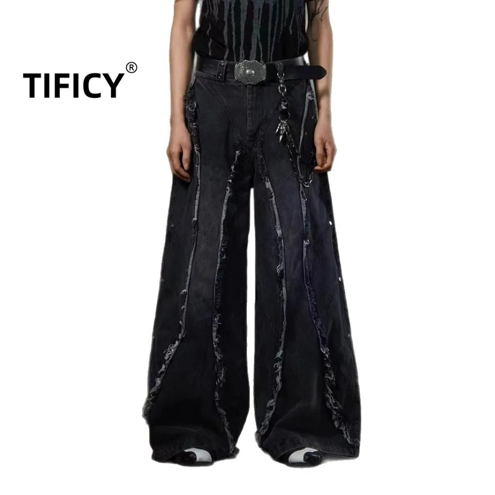 American Heavy Industry Design Sense Silhouette Jeans Pants Men's High Street Wash Rough Edges Tassels Loose Rivets Denim Pant