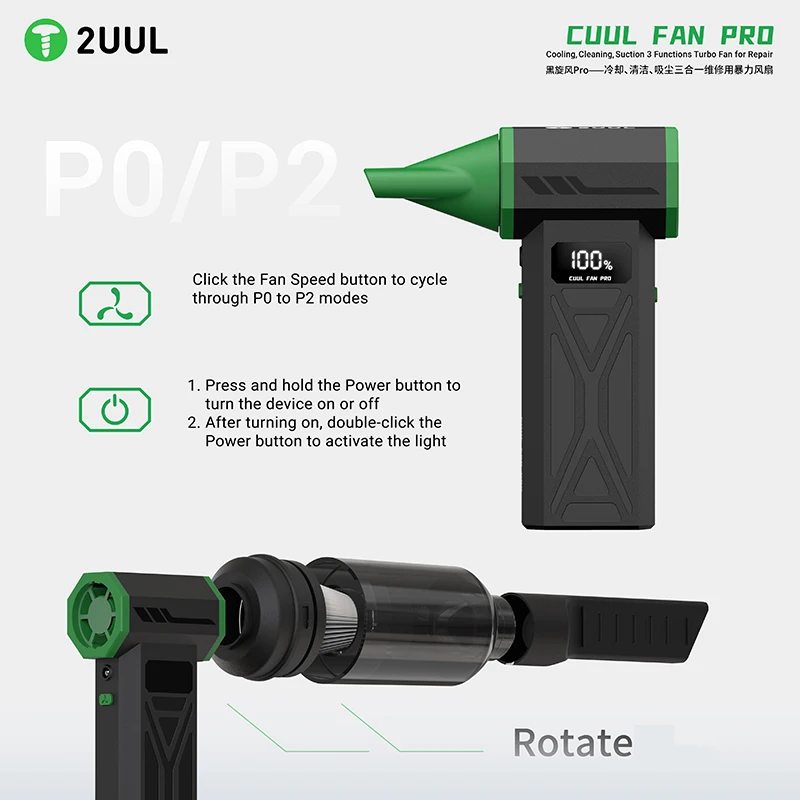 2UUL DA970 Cuul Fan Vac Pro Cooling Cleaning Suction 3 Functions Turbo Fan for Mobile Phone Maintenance Quick Cooling