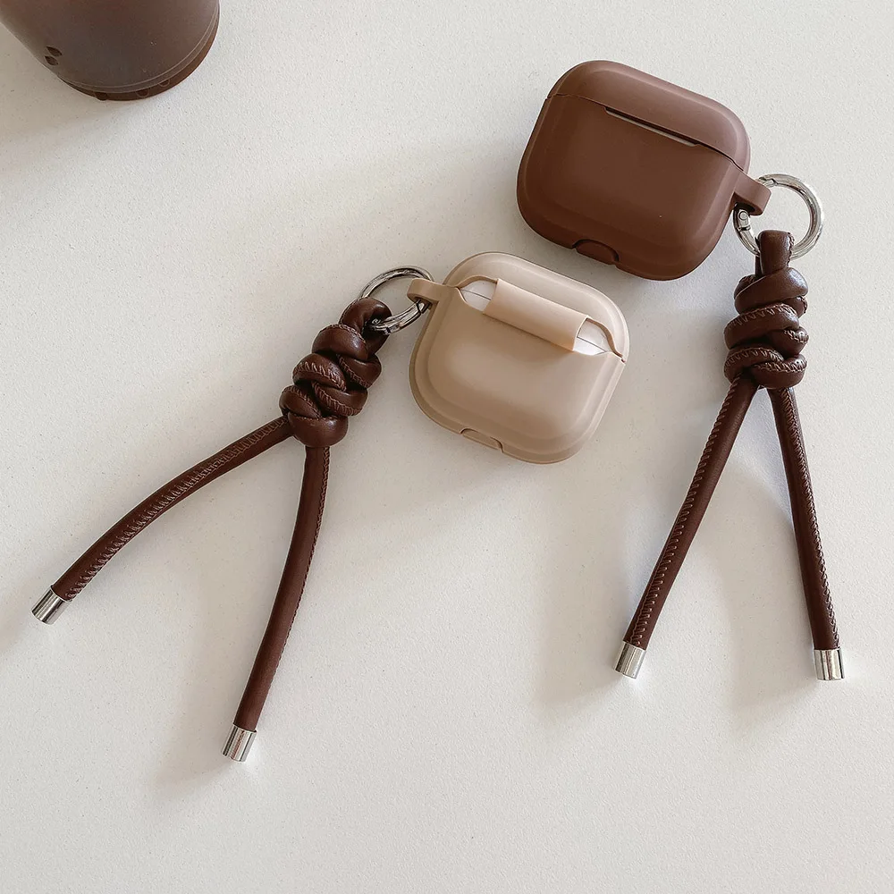 caramel milk tea colour square silicone earphone case for airpods 4 leather woven rope keychain for airpods 1 2 3 pro 2nd coque