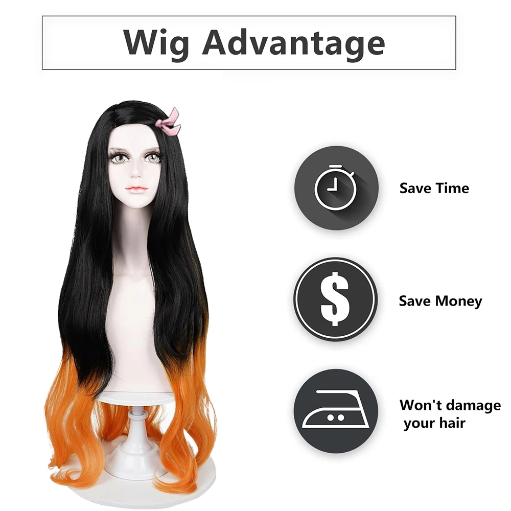 วิกผมคอสเพลย์คามาโดะ เนซึโกะ คุณภาพสูง ยาว 32 นิ้ว สีดำไล่ระดับสีส้ม แบบลอน สำหรับงานปาร์ตี้และใช้ในชีวิตประจำวัน ทนความร้อน