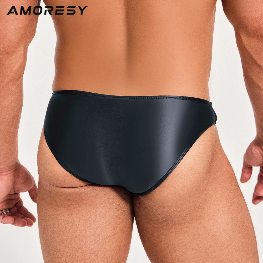 AMORESY Men Spandex Swimming Trunks Matching Color, Low Waist Sexy Sports Long Tight Oily, Comfortable Silk Briefs, Briefs