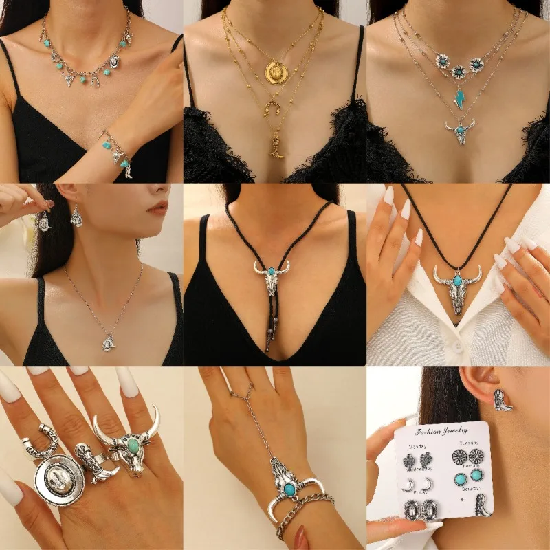 Vintage Western Cowboy Multi Layer Necklace Women's Retro Boots Horseshoe Cowboy Hat Versatile Neck Chain Bracelet Jewelry Gift