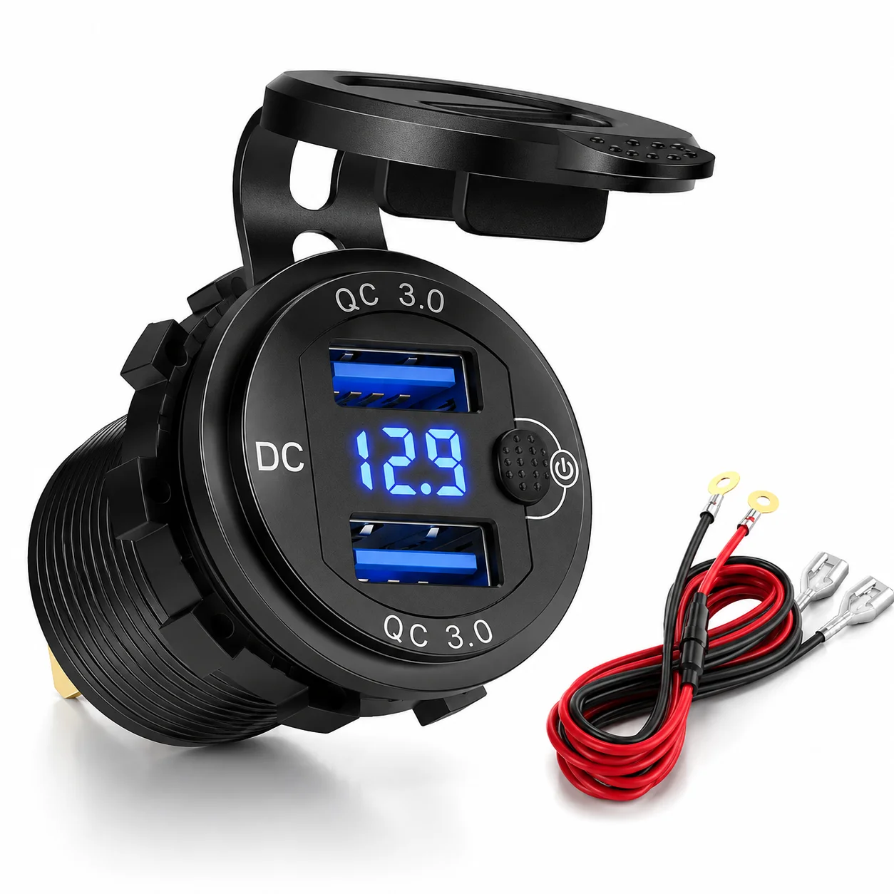 USB Quick Charger Aluminum QC3.0 Dual USB Car Charger with Switch Button LED Voltage Display for 12V/24V Cars Boats Motorcycle