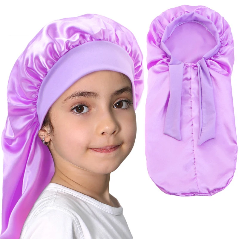 2024 Kids Girls Boys Satin Night Sleep Cap Wide Band Elastic Turban Headwear Bonnet Long Hair Care Beanie Nightcap Scarf Bandana