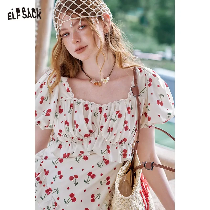 ELFSACK 2025 Summer Cherry Print Bubble Sleeve Square Neck Chic Dress For Women