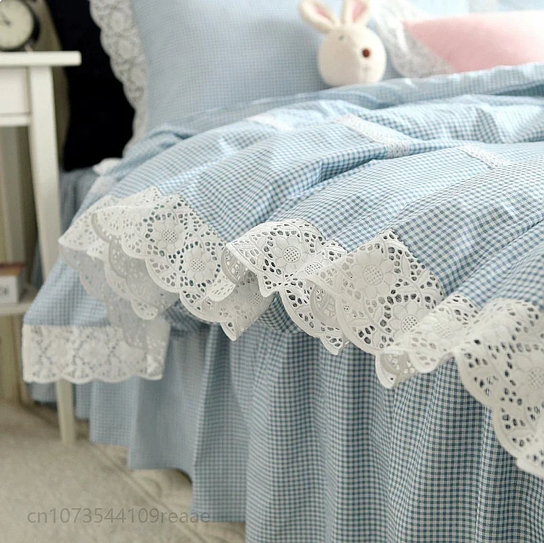 Korean Style Plaid Lace Trim Cotton Bed Skirt Duvet Cover Set 4-Piece Bedding