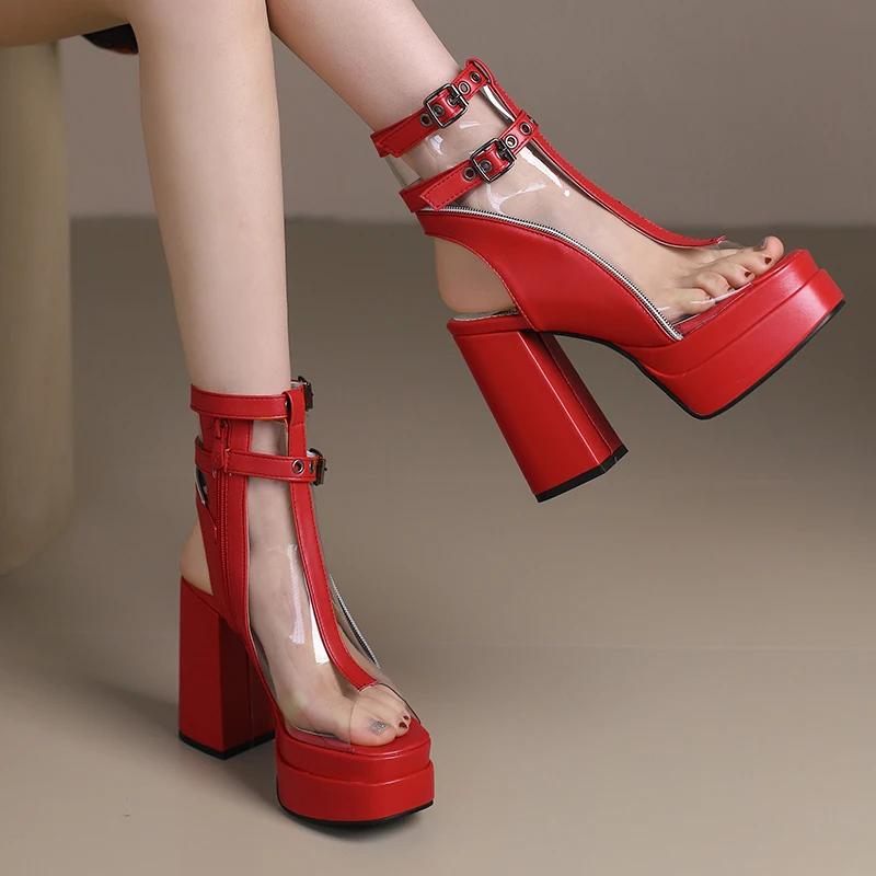 Brand Designer Chic Thick Platform 12cm Super High Heels Ankle Boots Women Sexy Peep Toe Transparent Belt Buckle Slingback Shoes