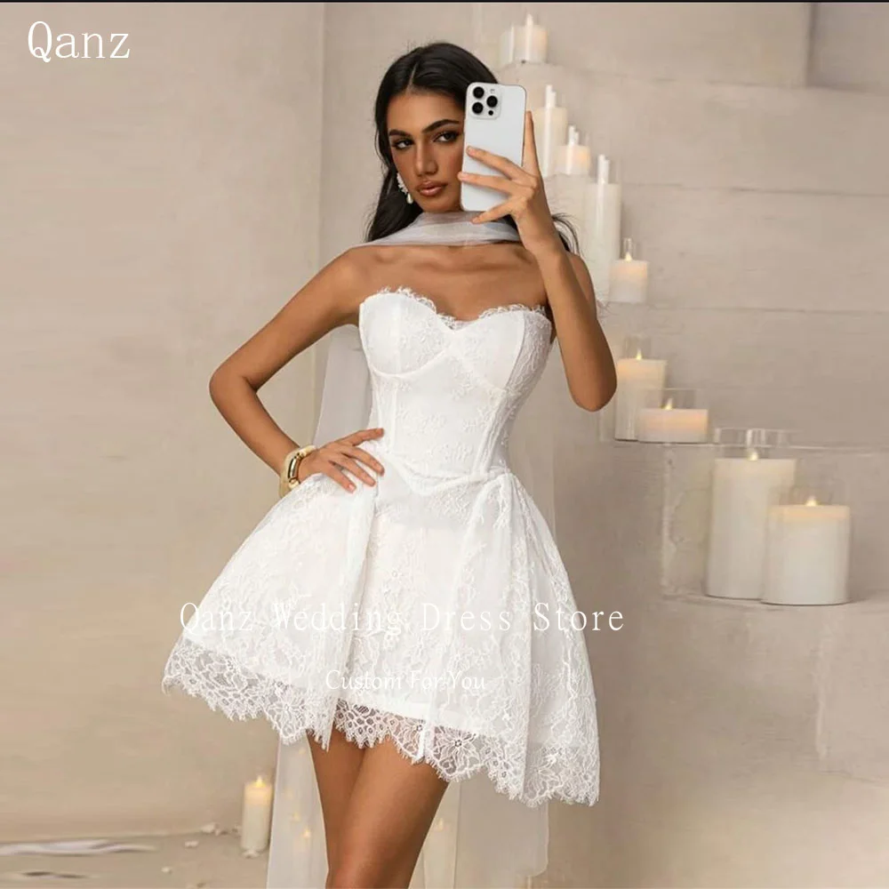 

Qanz Sexy Mini Wedding Dresses For Bride White Lace Appliques A Line Vestidos De Novias Civil Backless Bridal Gowns Customized