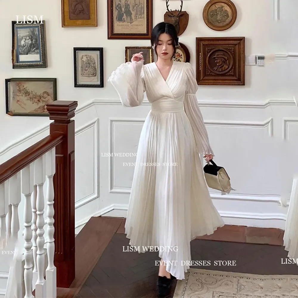 

LISM Simple A Line Evening Dress Korea Photo Shoot Chiffon Pleats V Neck Prom Gown Puff Trumpet Long Sleeve Outfit Dresses