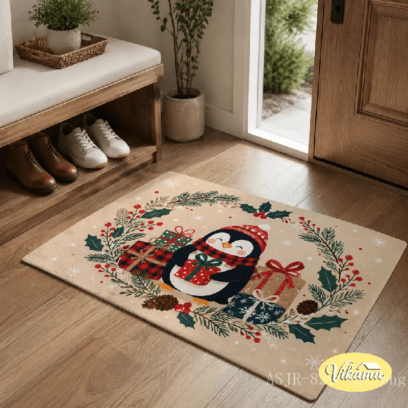 Cute Christmas Penguin Doormat, Non-Slip Easy-to-Clean Entry Rug, Festive Holiday Decorative Mat, Winter Xmas Home Decor Gift