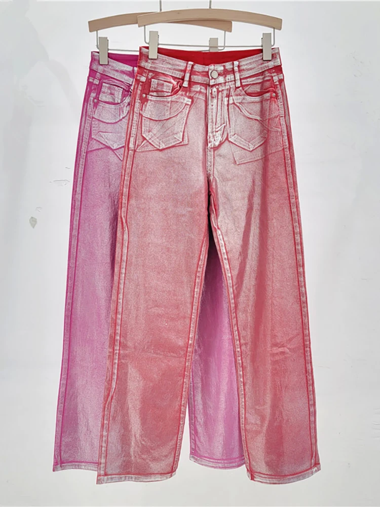 DEAT Women's Jeans Red Pink Silver Coated Straight Pockets Printed Wide Leg Cool Stretch Denim Pants 2024 Autumn New Fashion