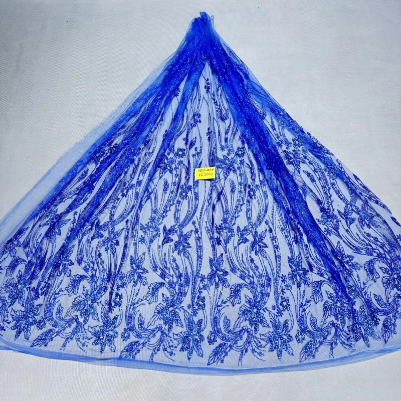 

2026 Royal Blue Hot Sale Fadhion Design Africa Glitter Fabric Embroidery Net Lace With Glued Glitter Sequins Wedding Or Party Dr